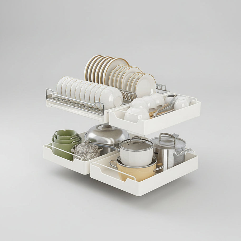Étagère de rangement coulissante VidaXL pour armoires de cuisine avec plusieurs niveaux en métal blanc.