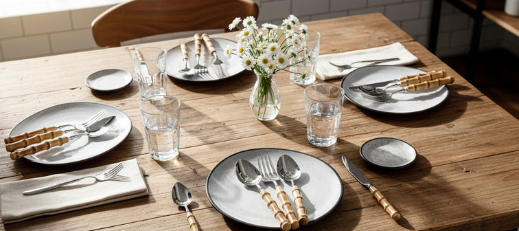 Couverts Kyotoji de HAUSSLYON, design élégant, en acier inoxydable, disposés sur une table avec vaisselle blanche.