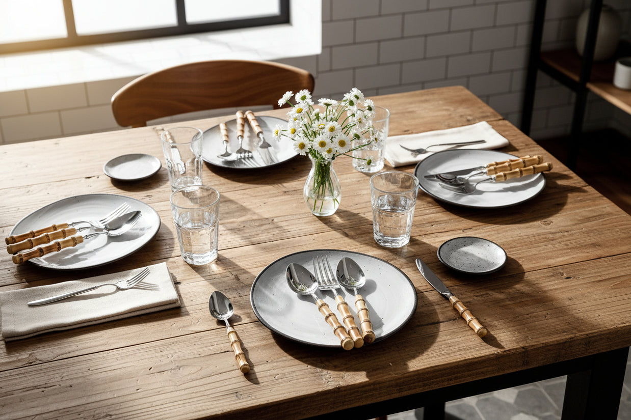 Couvert en acier inoxydable Kyotoji de la marque Renfan, design élégant et moderne pour repas quotidiens.