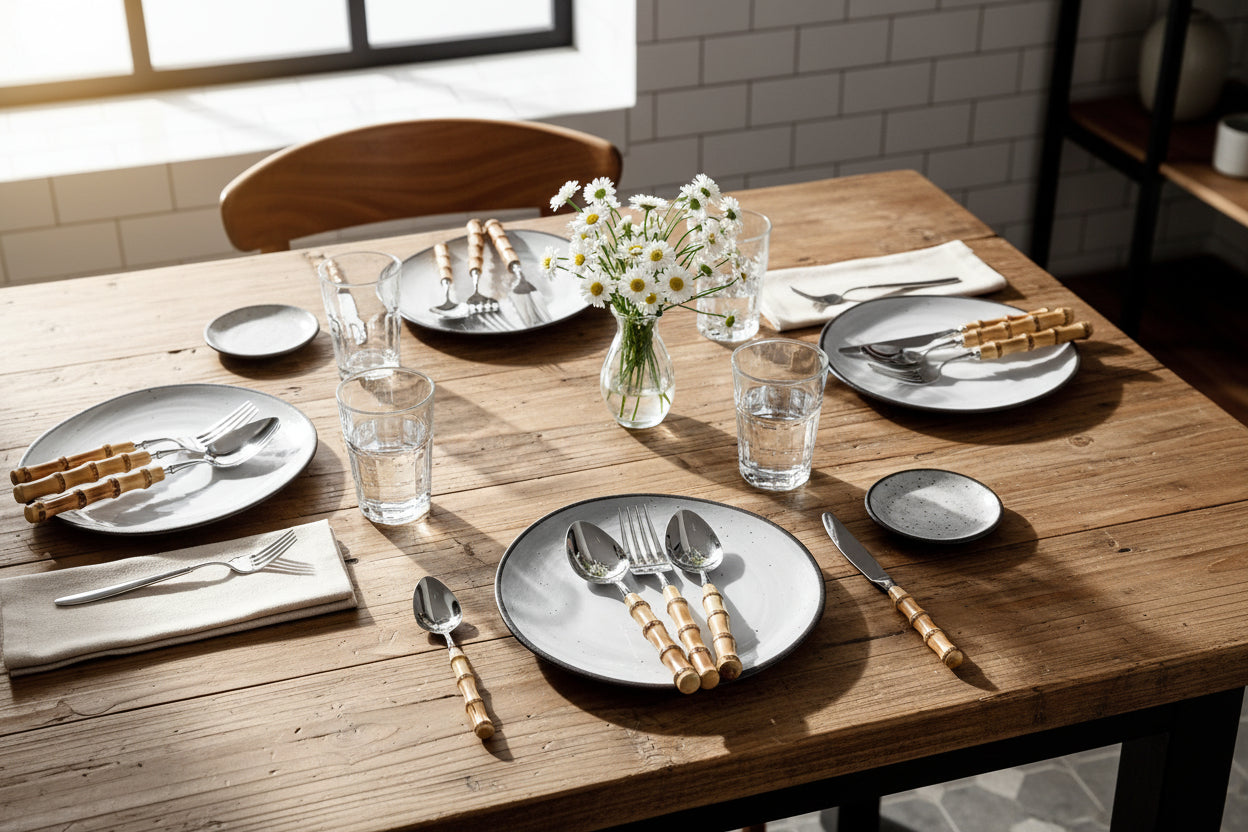 Couvert en acier inoxydable Kyotoji de la marque Renfan, design élégant et moderne pour repas quotidiens.