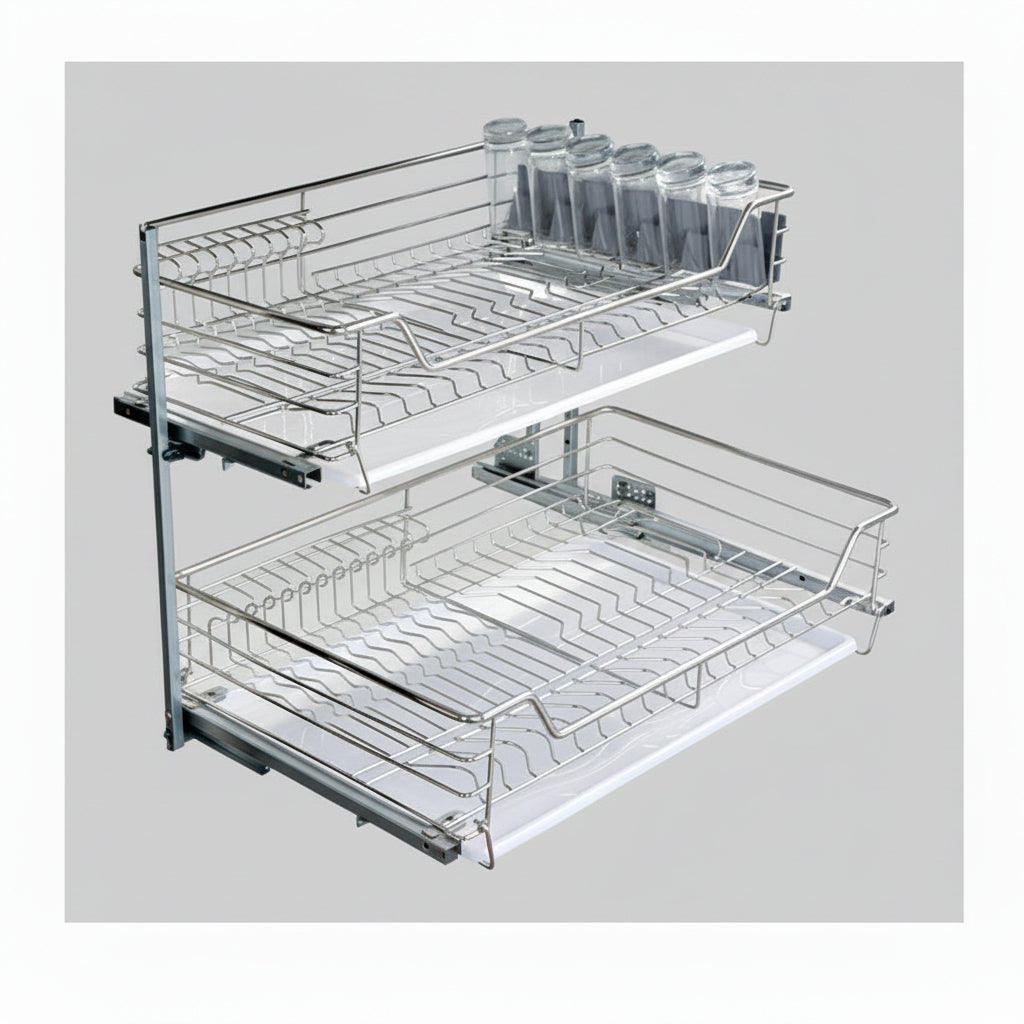 Tiroir coulissant double en acier inoxydable VidaXL pour meuble, avec rails robustes et finition moderne.