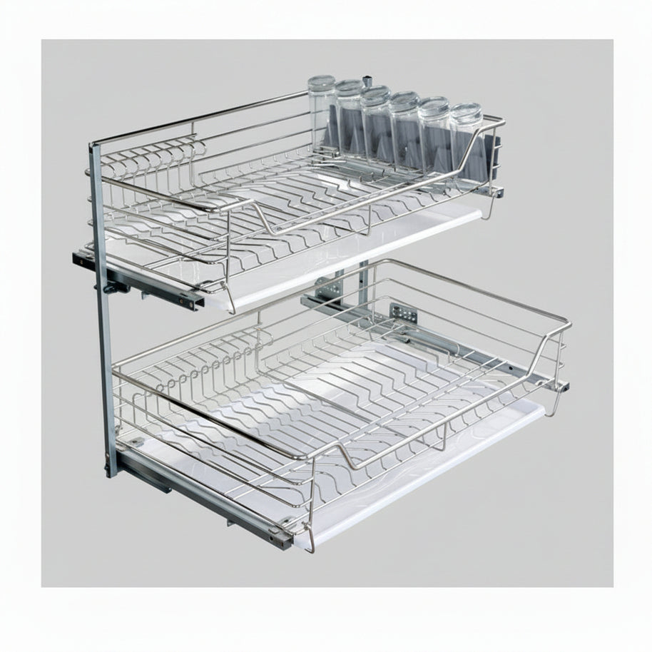 Tiroir coulissant double en acier inoxydable VidaXL pour meuble, avec rails robustes et finition moderne.