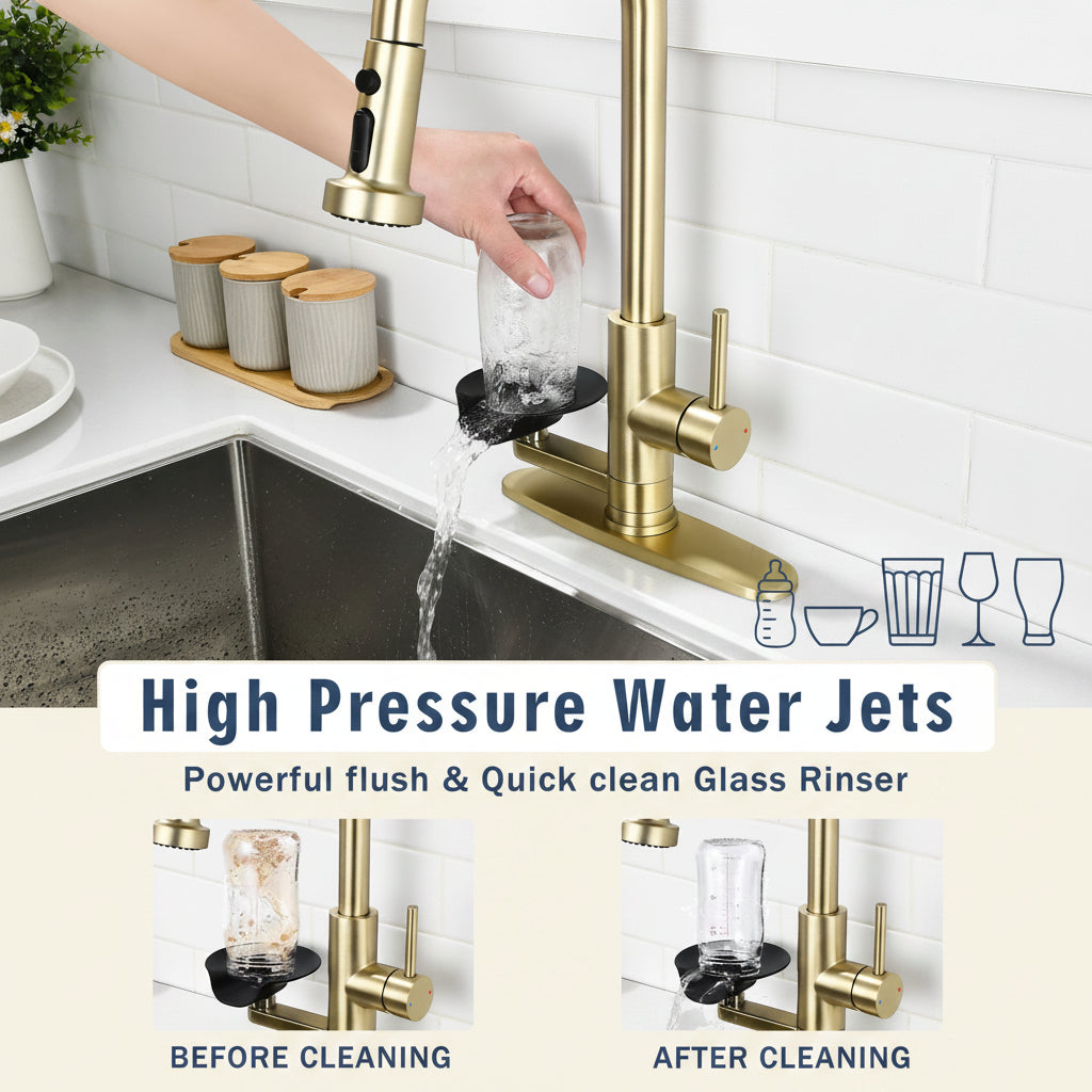 3-in-1 Kitchen Faucet With Press-Type Glass Rinser, Universal For 1 & 3 Holes, High-Arc Pull-Down Sprayer With 3 Function Spray Mode, Brushed Gold Finish - HAUSSLYON