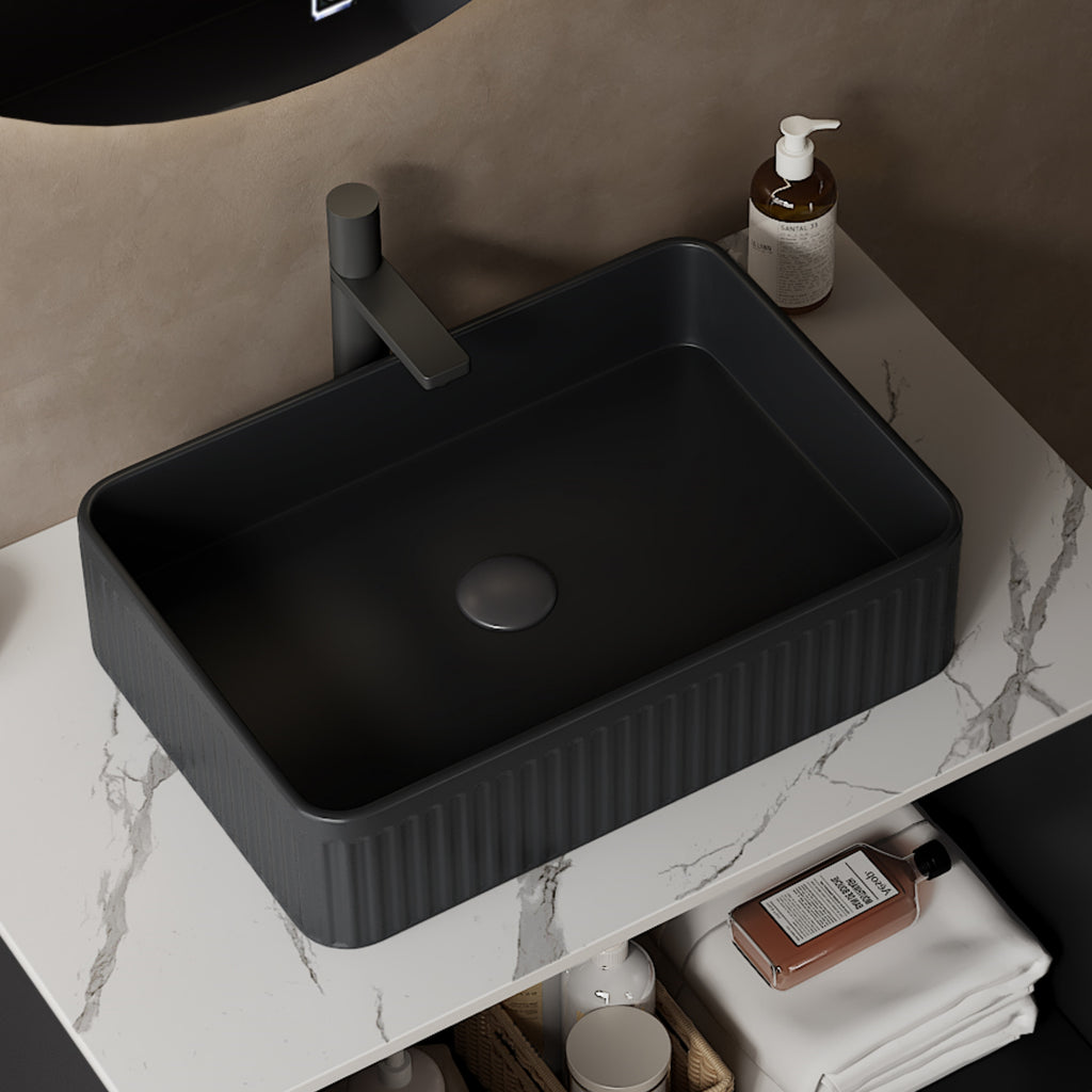 20 Bathroom Sink, Rectangular Striped Vessel Ceramic Basin Without Faucet, NO Cabinet, Black - HAUSSLYON