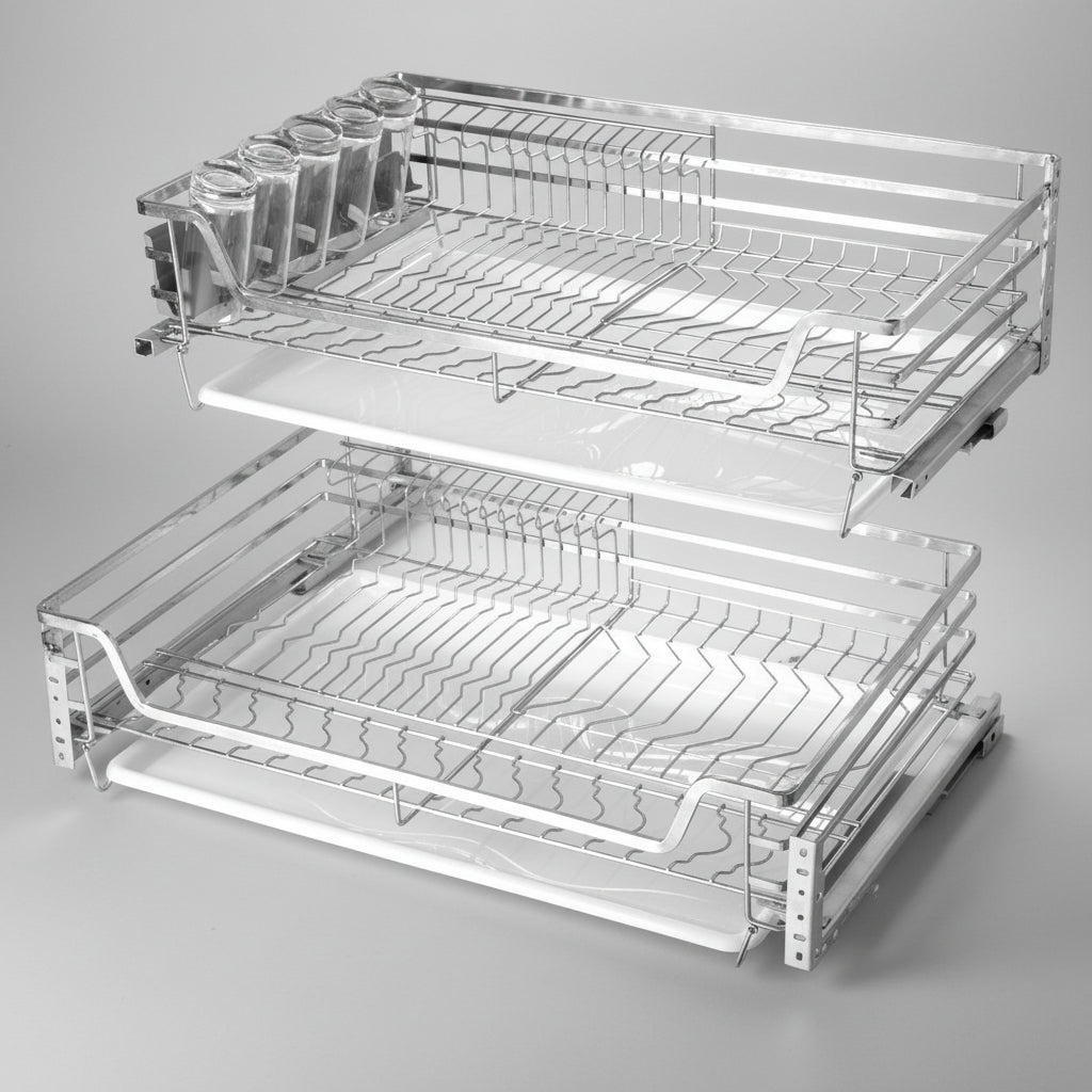 Tiroir coulissant double en acier inoxydable VidaXL, robuste et moderne, installé dans un meuble en bois.