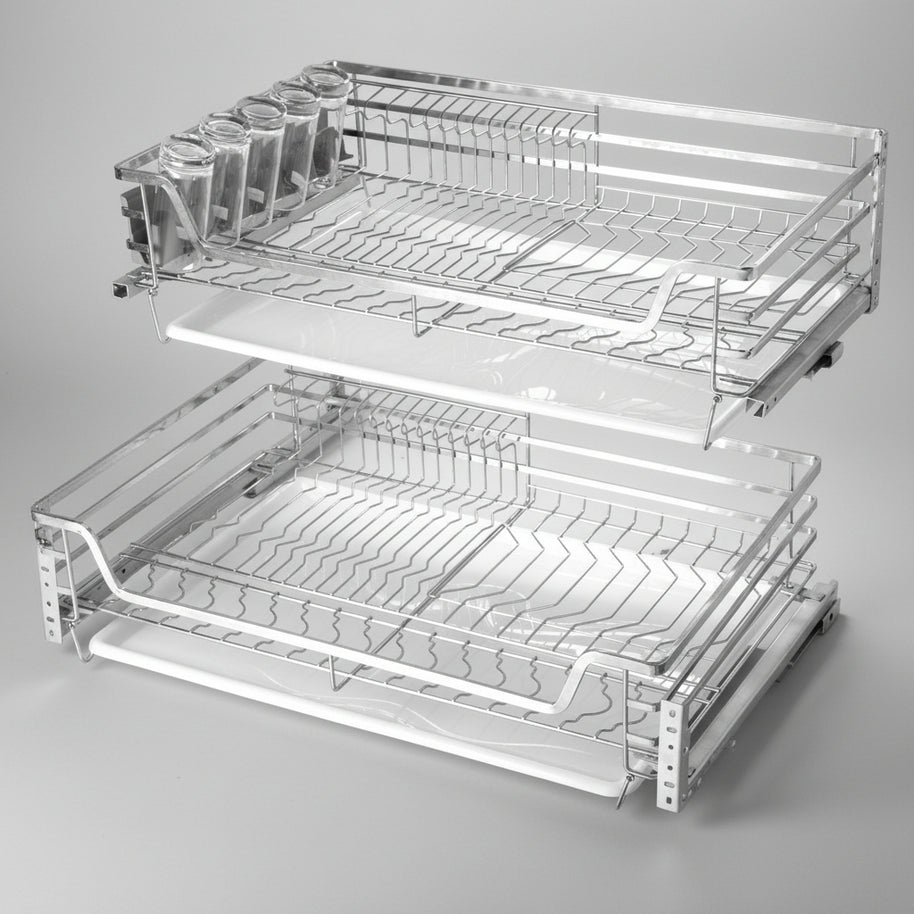 Tiroir coulissant double en acier inoxydable VidaXL, robuste et moderne, installé dans un meuble en bois.