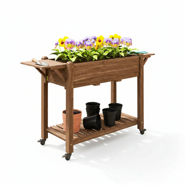 Jardinière surélevée en bois AOSOM avec roulettes et tables latérales, idéale pour jardinage et aménagement extérieur.
