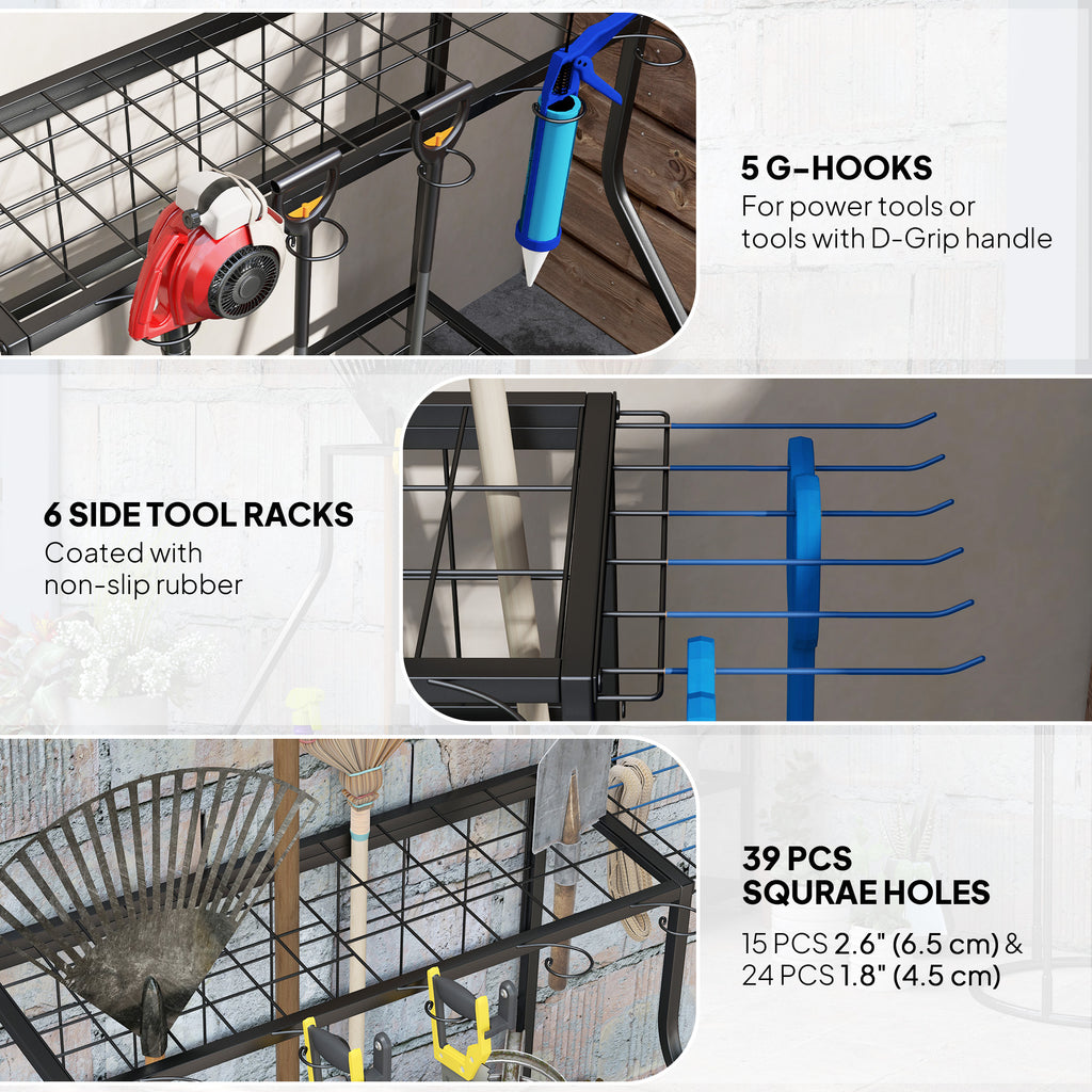 3-Tier Yard Tool Storage Rack, Garden Tool Organizer with Hooks for Long-Handled, Broom, Shovel, Blue - HAUSSLYON