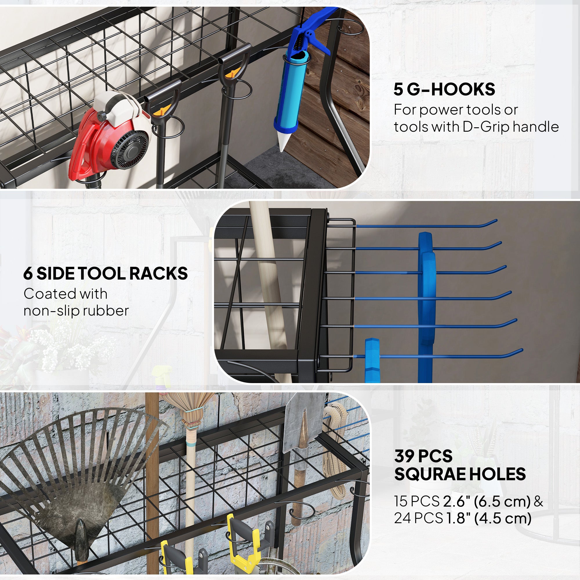3-Tier Yard Tool Storage Rack, Garden Tool Organizer with Hooks for Long-Handled, Broom, Shovel, Blue - HAUSSLYON
