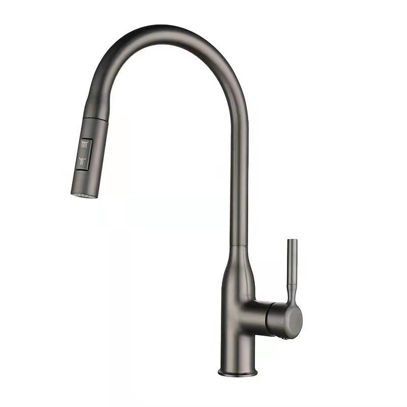 Copper Gun Gray Kitchen Faucet Pull-out Hot And Cold Double Water Outlet Rotatable - HAUSSLYON