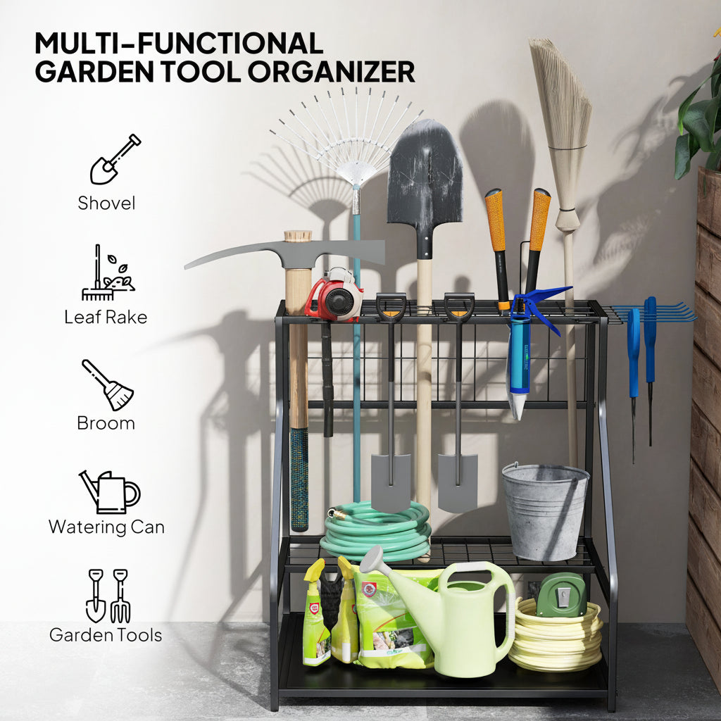 3-Tier Yard Tool Storage Rack, Garden Tool Organizer with Hooks for Long-Handled, Broom, Shovel, Blue - HAUSSLYON