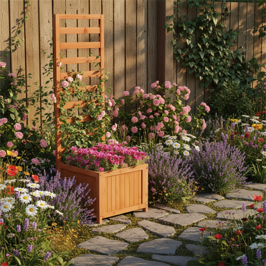 2-in-1 Wooden Raised Garden Bed With Trellis, Efficient Drainage System For Climbing Plants & Flowers - HAUSSLYON