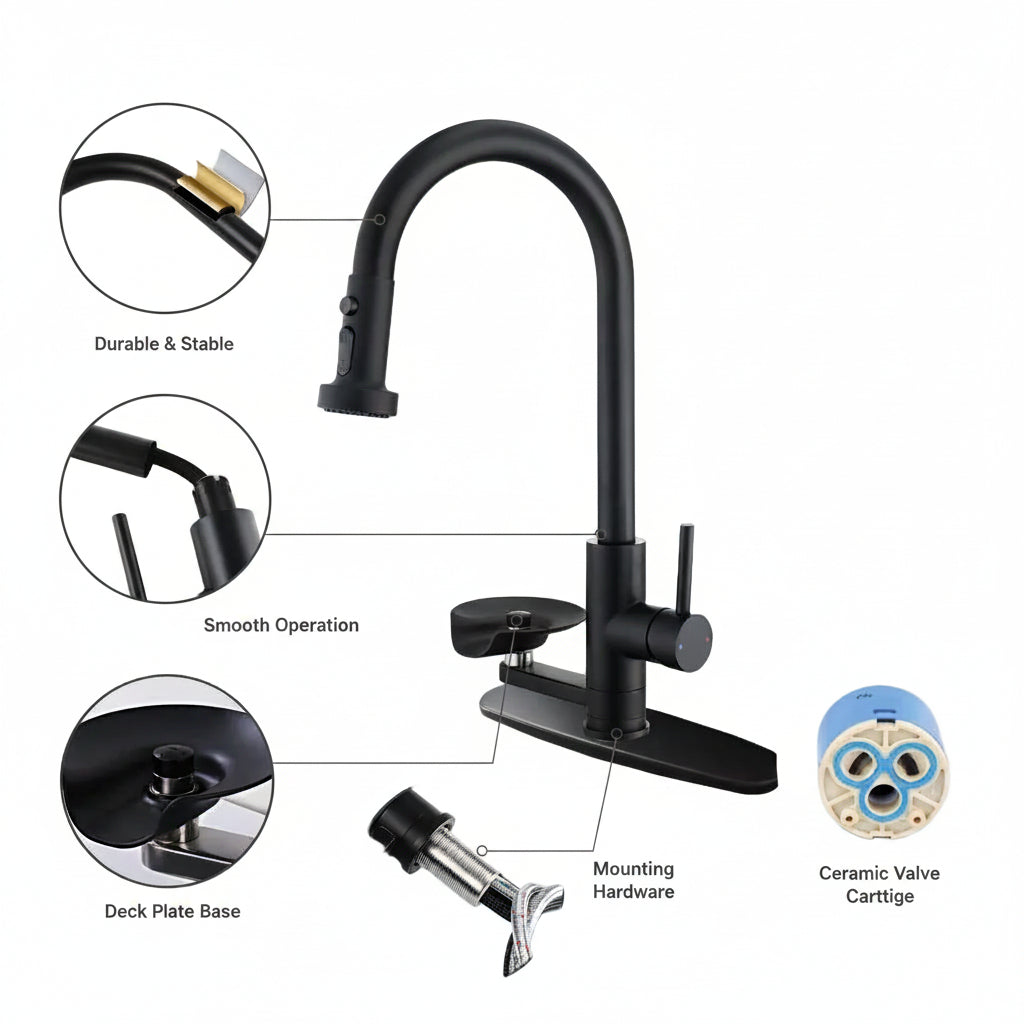 3-in-1 Kitchen Faucet With Press-Type Glass Rinser, High-Arc Pull-Down Sprayer Faucet, 3 Function Spray Mode, Matte Black Finish, For Modern Kitchen Sink - HAUSSLYON