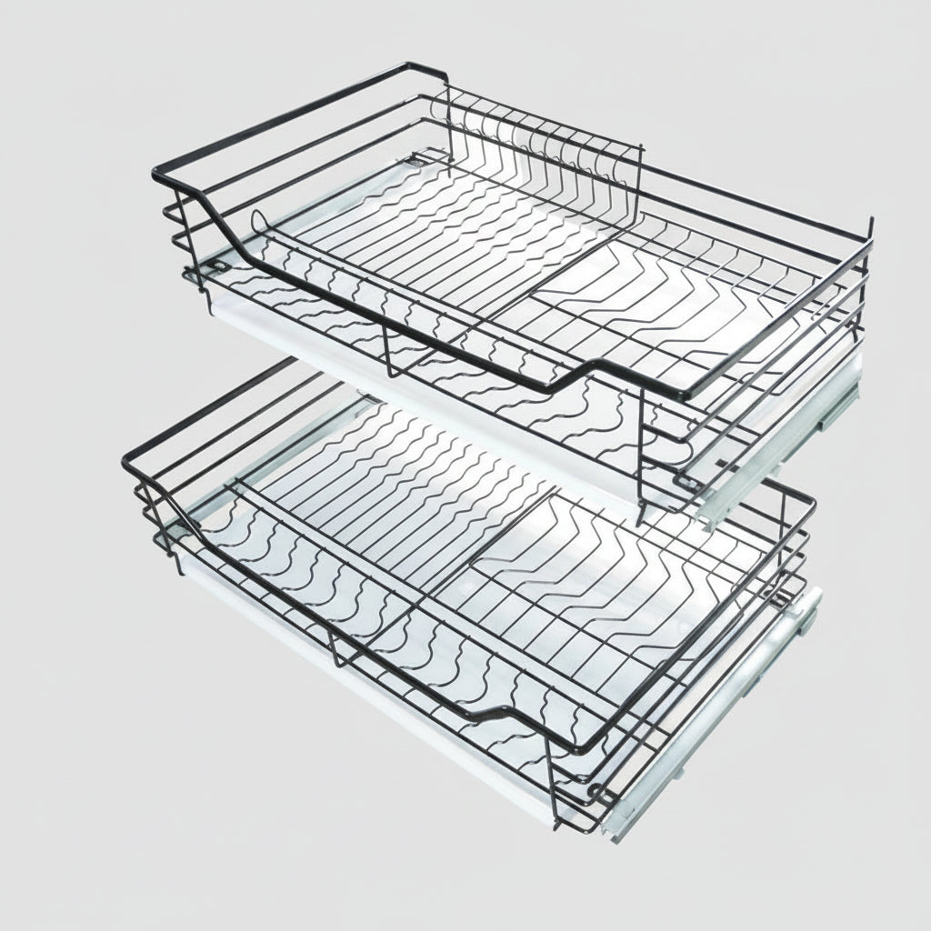 Tiroir coulissant double en acier inoxydable VidaXL, structure robuste et finition lisse pour rangement moderne.