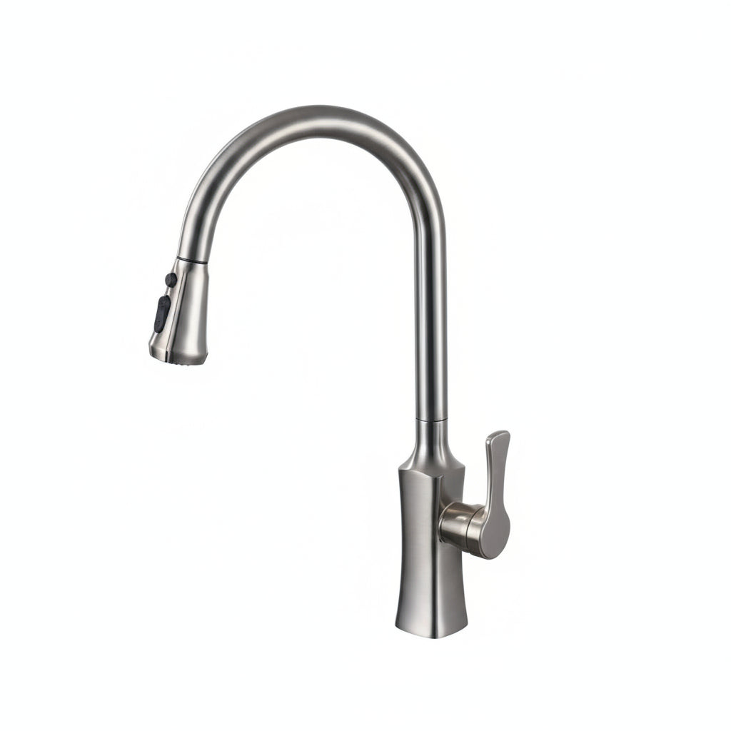 Robinet de cuisine RENFAN Tatu City en acier inoxydable avec poignée rotative et bec flexible, installation moderne.