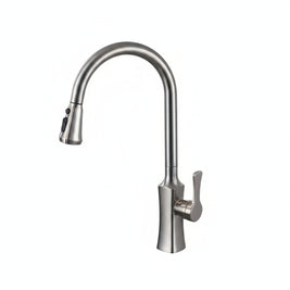 Robinet de cuisine RENFAN Tatu City en acier inoxydable avec poignée rotative et bec flexible, installation moderne.