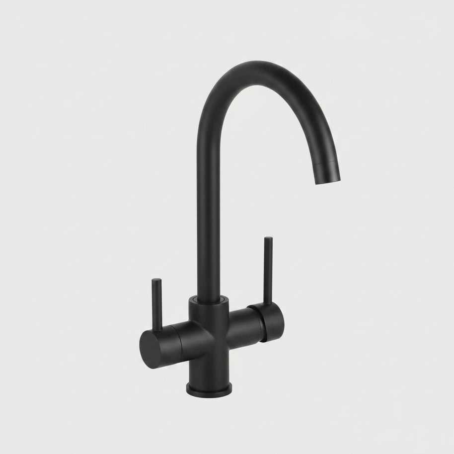 Robinet de cuisine HAUSSLYON Laval en acier inoxydable avec poignée tournante et bec flexible.