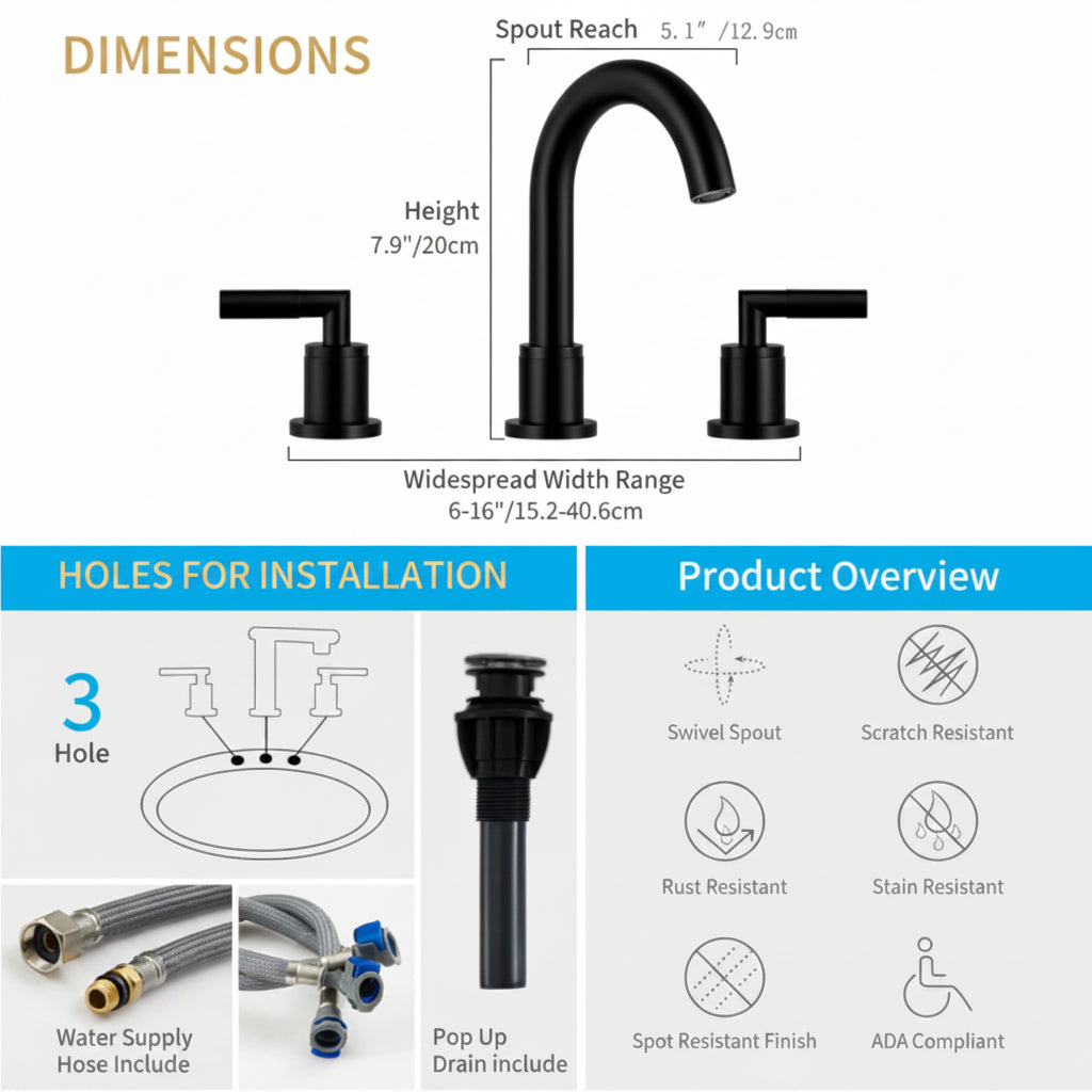 Bathroom Faucet 2 Handle Matte Black Bathroom Sink Faucet Widespread 3 Hole 360° Swivel Spout Modern Sink Basin Faucets 8 Inch[Unable Ship Weekends, TK/TEMU Only For Pickup] - HAUSSLYON