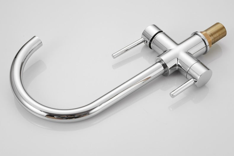 Robinet de cuisine RENFAN Laval en acier inoxydable avec levier, vue de face et détails du design moderne.