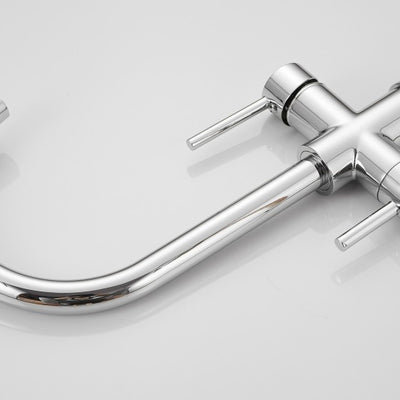 Robinet de cuisine RENFAN Laval en acier inoxydable avec levier, vue de face et détails du design moderne.