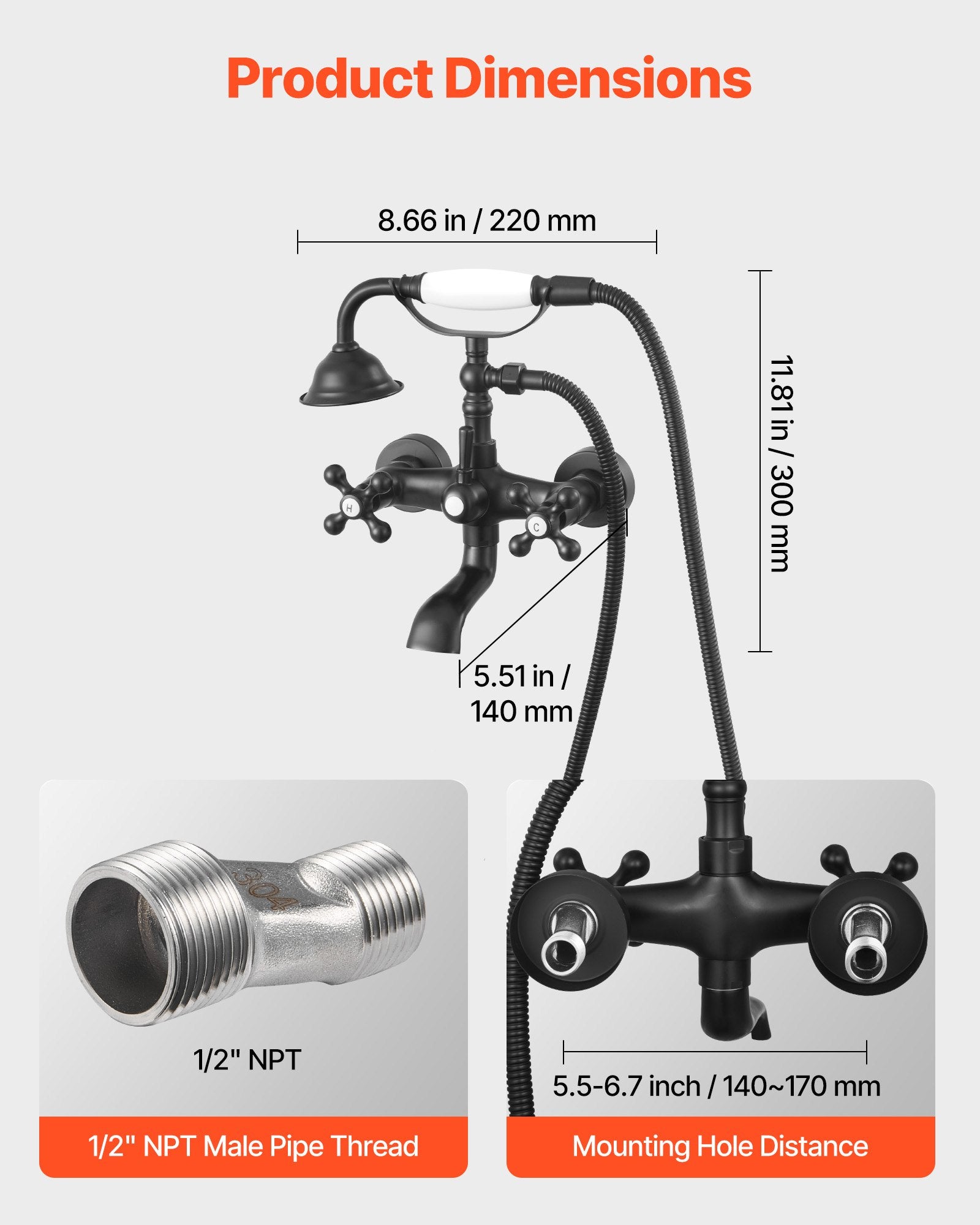 Clawfoot Tub Faucet, Wall Mount Bathtub Faucets With Handheld Shower, Vintage Matte Black Clawfoot Tub Filler Faucet Shower Kit With Adjustable Swing Arms & 360° Rotation Spout For Bathtubs - HAUSSLYON