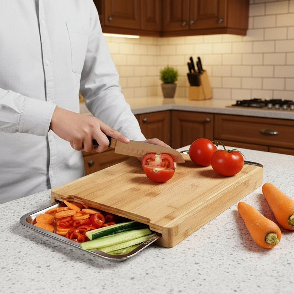 Planche à découper en bambou RENFAN avec tiroir intégré, surface lisse pour couper légumes et fruits, design pratique et écologique.