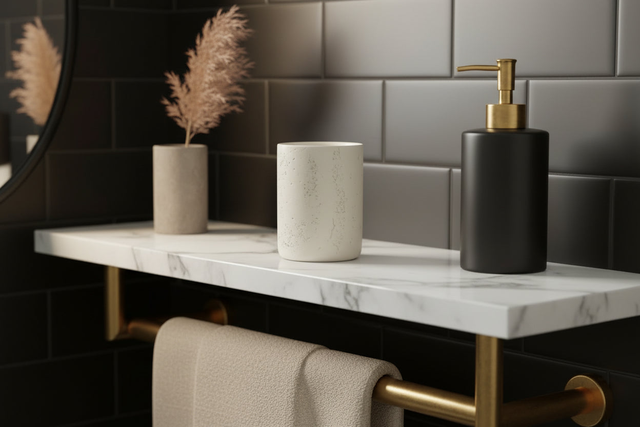 Accessoires de salle de bain VidaXL Valence II, porte-savon, porte-serviettes et rangements en acier inoxydable.