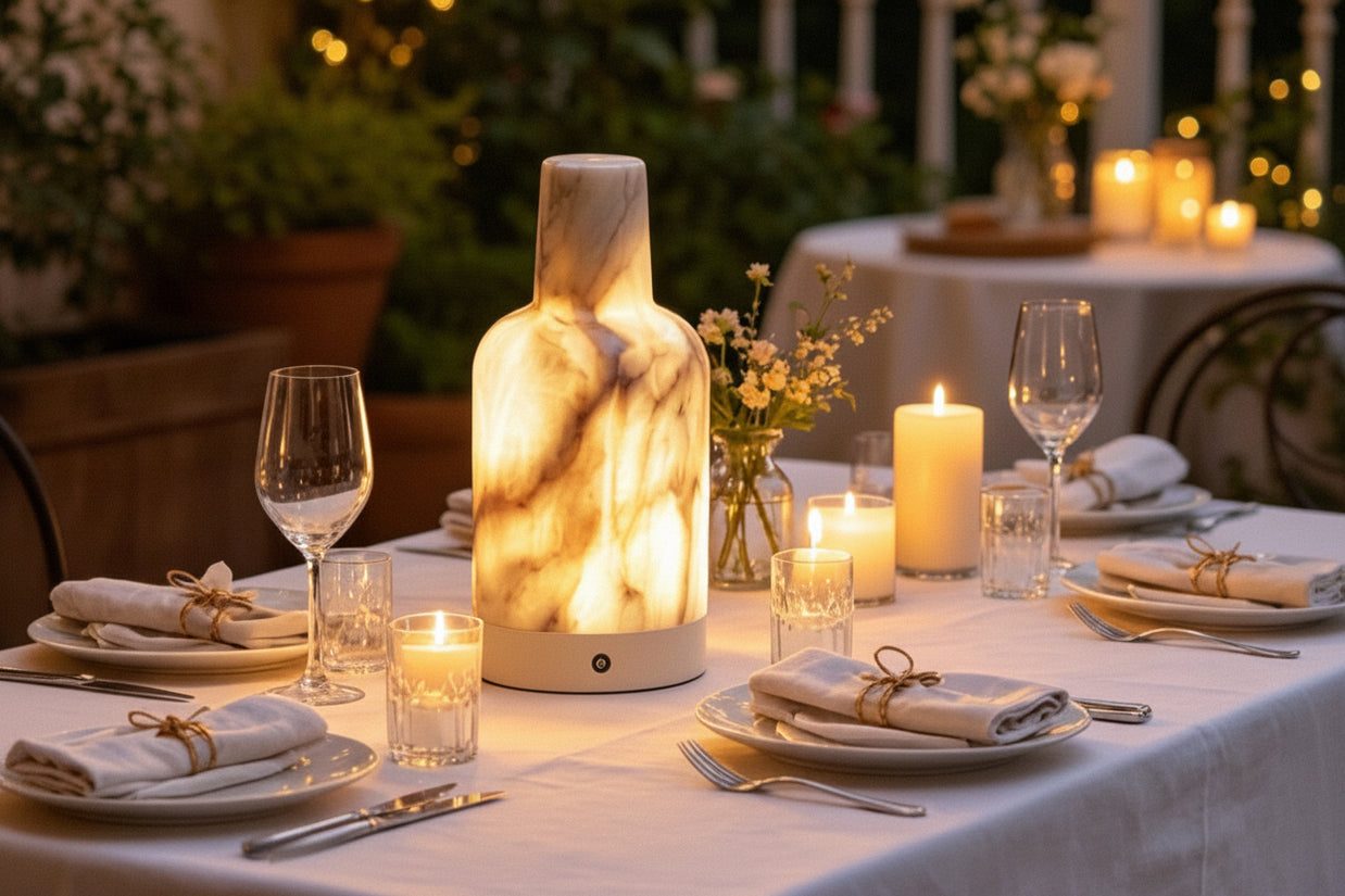 Lampe portable en marbre espagnol Cantoria de la marque UNIYIWU, montrant sa surface en marbre blanc avec une base élégante.
