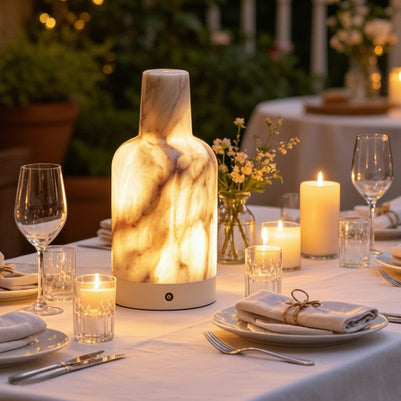 Lampe portable en marbre espagnol Cantoria de la marque UNIYIWU, montrant sa surface en marbre blanc avec une base élégante.