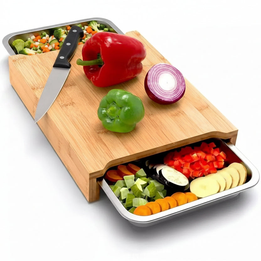 Planche à découper en bambou RENFAN avec tiroir pour couper et recueillir les aliments, design pratique et écologique.