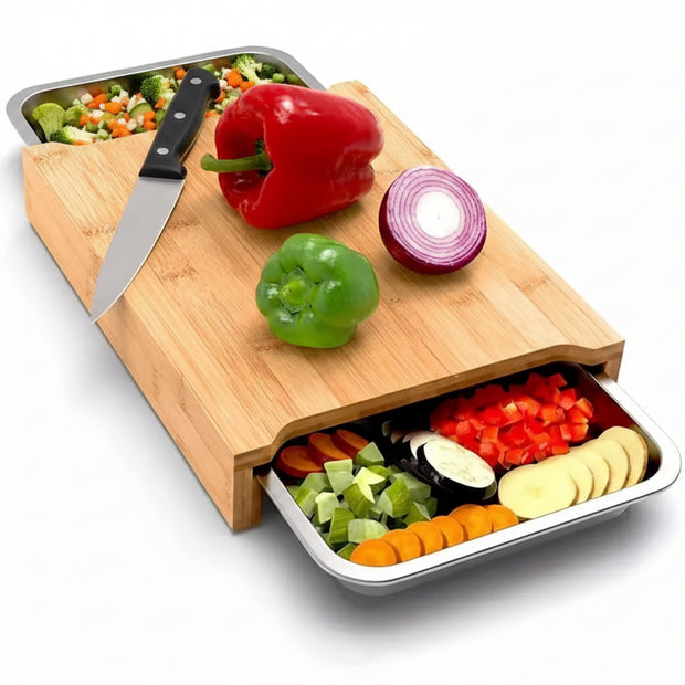 Planche à découper en bambou RENFAN avec tiroir pour couper et recueillir les aliments, design pratique et écologique.