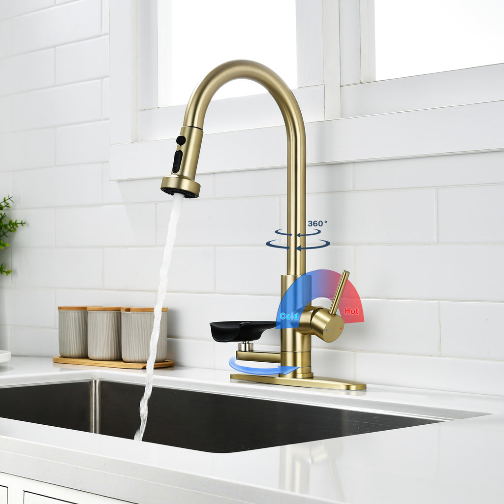 3-in-1 Kitchen Faucet With Press-Type Glass Rinser, Universal For 1 & 3 Holes, High-Arc Pull-Down Sprayer With 3 Function Spray Mode, Brushed Gold Finish - HAUSSLYON
