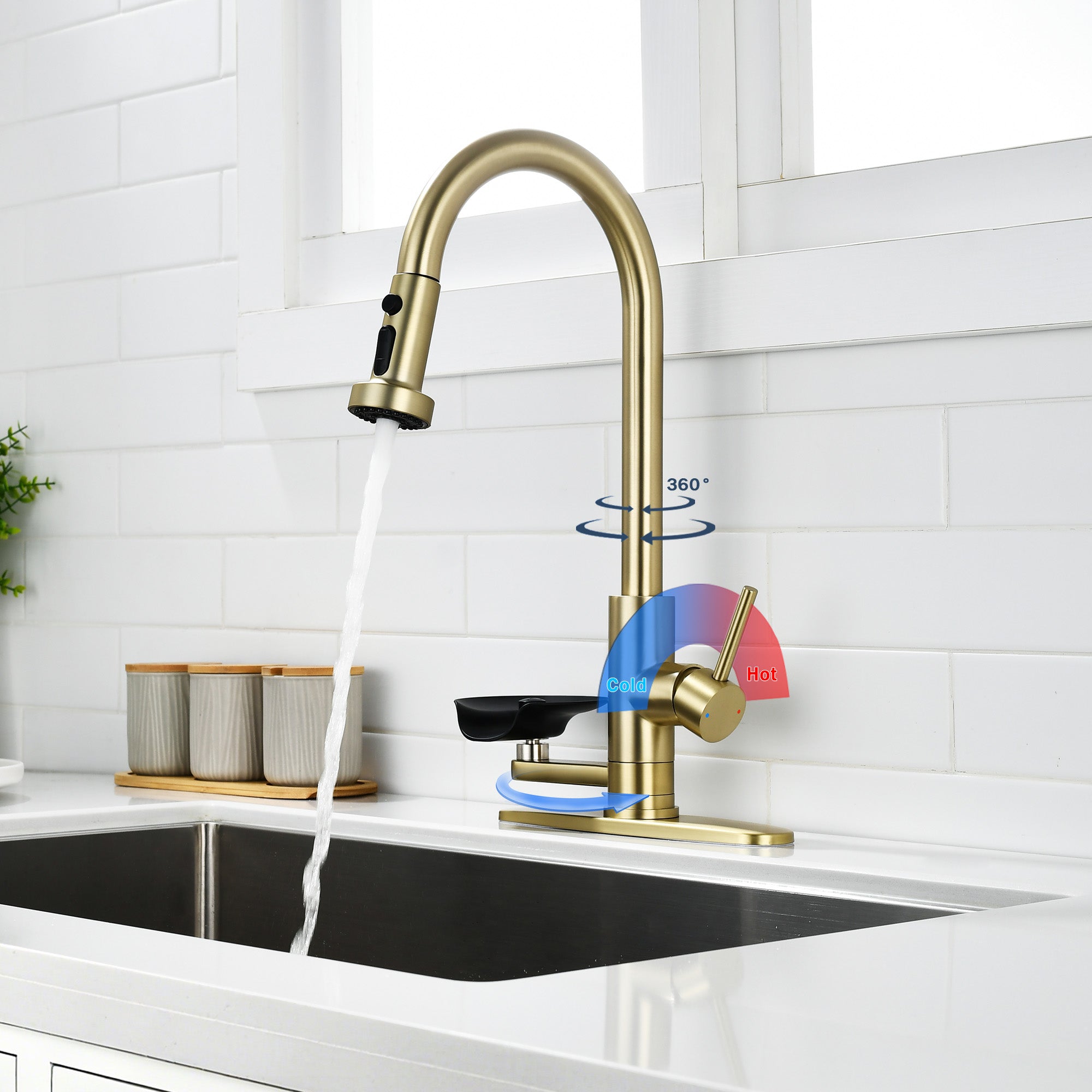 3-in-1 Kitchen Faucet With Press-Type Glass Rinser, Universal For 1 & 3 Holes, High-Arc Pull-Down Sprayer With 3 Function Spray Mode, Brushed Gold Finish - HAUSSLYON