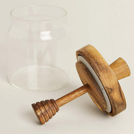 Pot en verre pour miel avec couvercle en bois d'acacia, design élégant, de la marque Renfan.