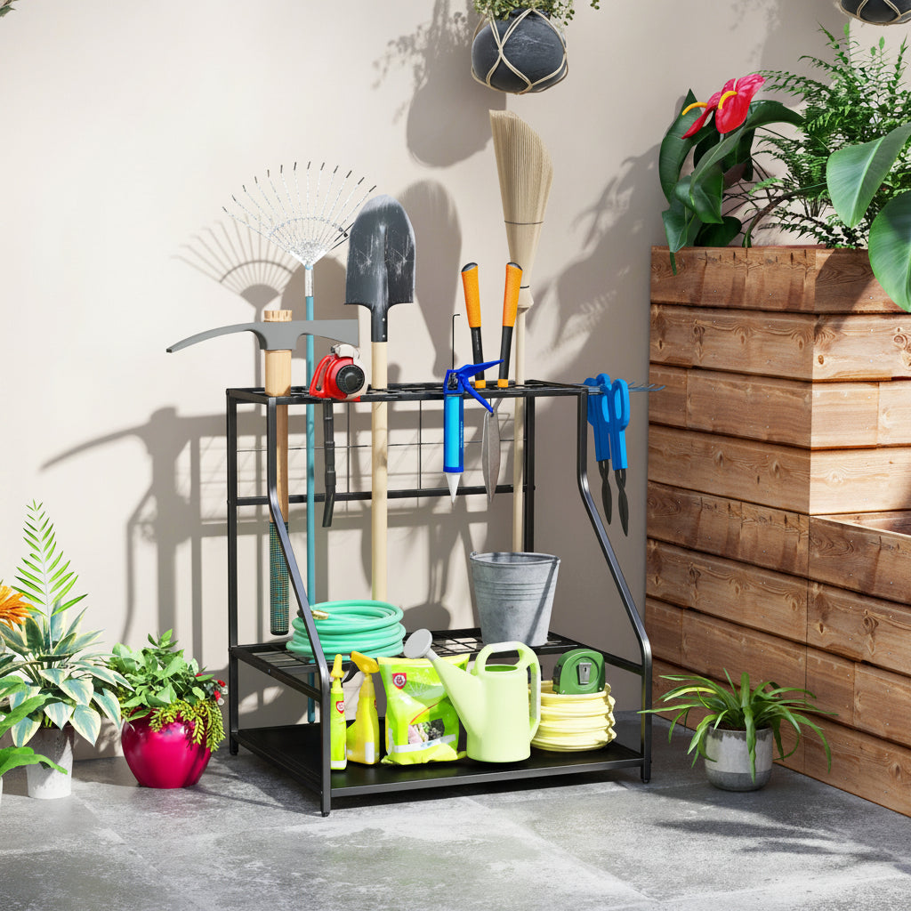 3-Tier Yard Tool Storage Rack, Garden Tool Organizer with Hooks for Long-Handled, Broom, Shovel, Blue - HAUSSLYON