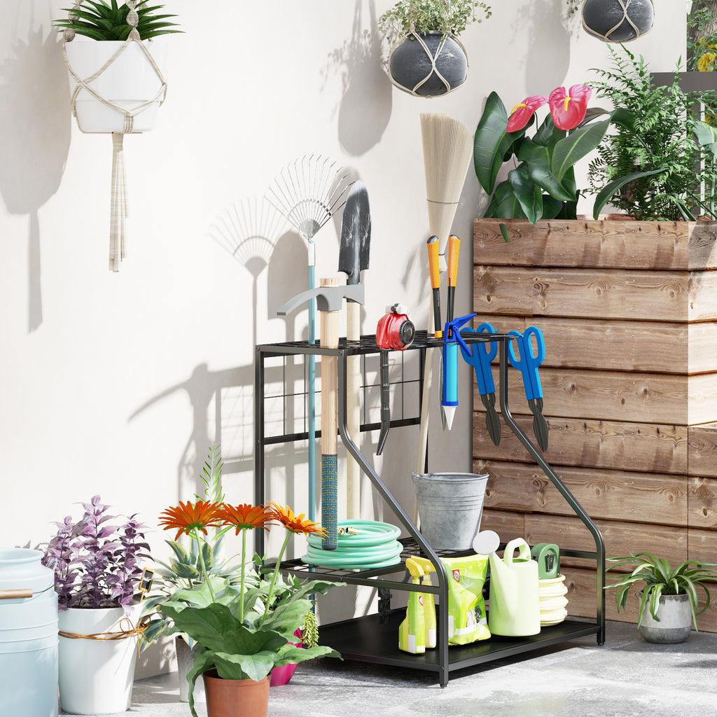 3-Tier Yard Tool Storage Rack, Garden Tool Organizer with Hooks for Long-Handled, Broom, Shovel, Blue - HAUSSLYON