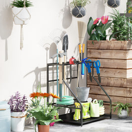 3-Tier Yard Tool Storage Rack, Garden Tool Organizer with Hooks for Long-Handled, Broom, Shovel, Blue - HAUSSLYON