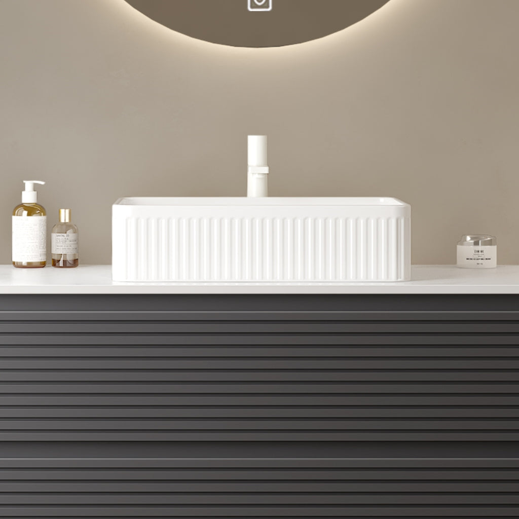 20 Bathroom Sink, Rectangular Striped Vessel Ceramic Basin Without Faucet, NO Cabinet, White - HAUSSLYON