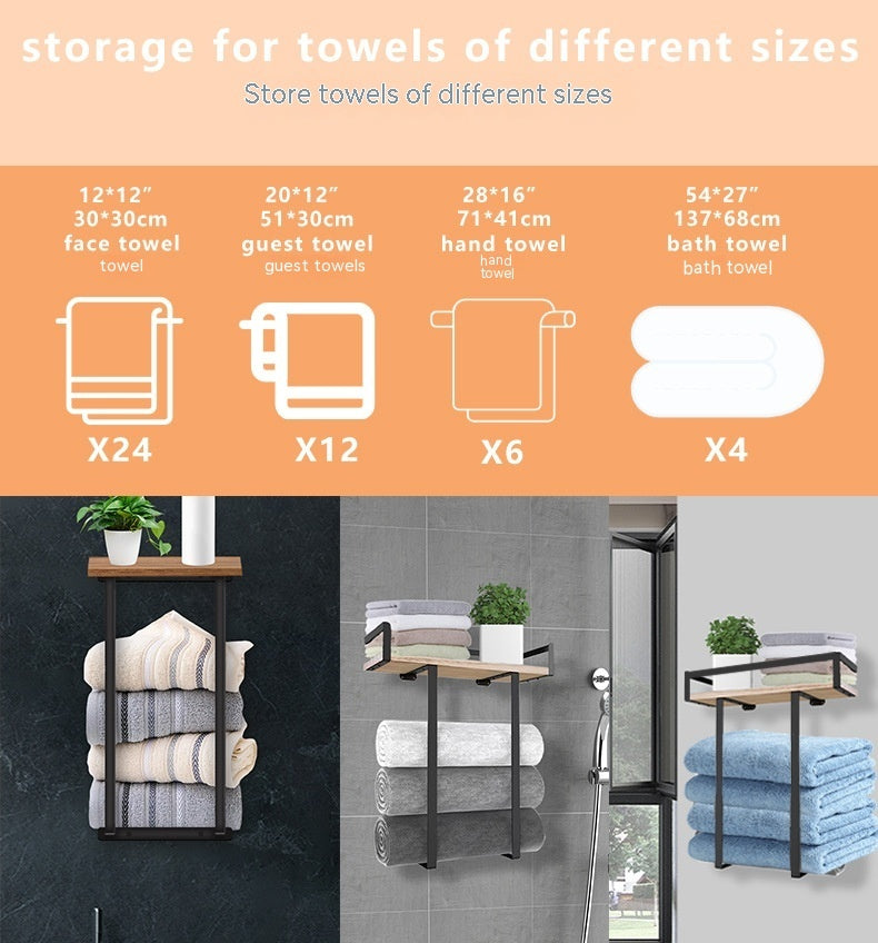 Porte-serviette VidaXL Bangui avec étagère et support en métal noir, design moderne pour salle de bain.