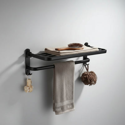 Porte-serviette VidaXL Buea en métal noir, avec barres pour suspendre des serviettes dans la salle de bain.
