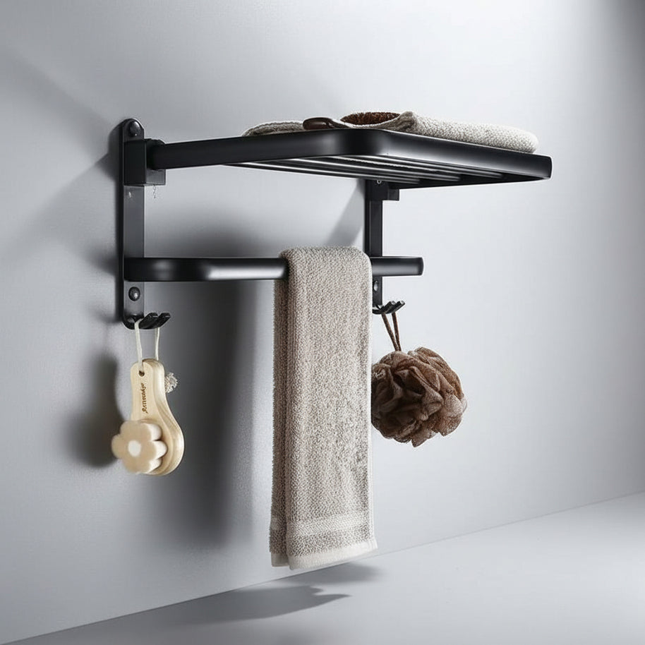 Support pour serviettes BUEA de VidaXL, en métal noir, avec deux barres pour suspendre des serviettes dans la salle de bain.