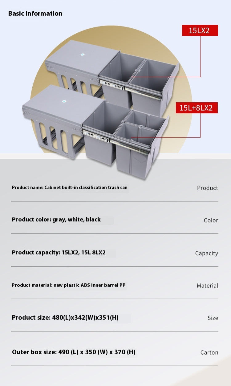 Poubelle coulissante BINY pour cuisine, capacité de 15L et 8L, double compartiment, en métal noir, pratique et moderne.