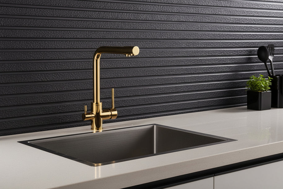 Robinet de cuisine VidaXL Chandler en finition or avec bec tournant et poignée simple, installé sur un évier moderne.