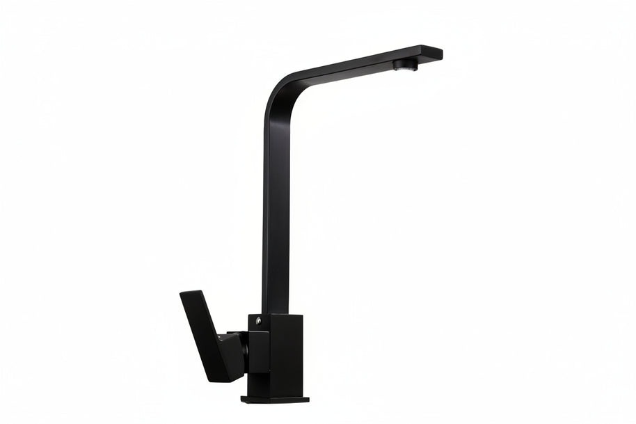 Robinet de cuisine noir VidaXL Vimont, style moderne avec poignée tournante, installé sur évier en acier inoxydable.