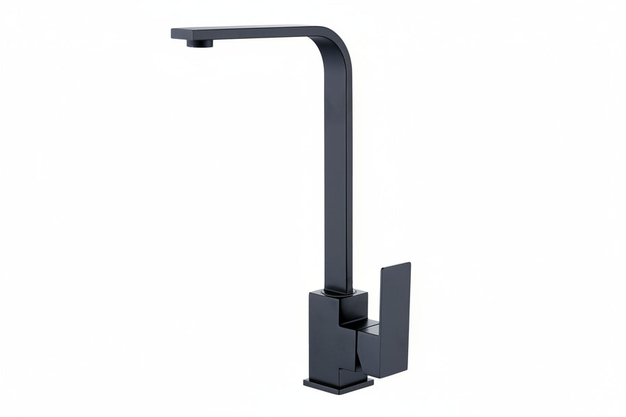 Robinet de cuisine noir VidaXL Vimont, design moderne avec poignée et bec tournant, installé sur un évier.