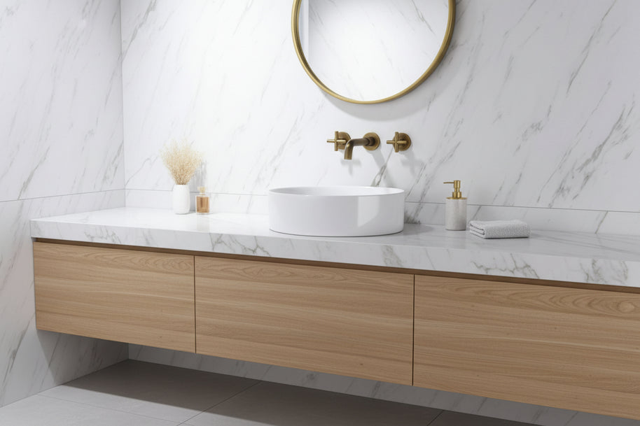 Robinet de salle de bain VidaXL Bogota en laiton, modèle 5, avec poignée élégante et finition moderne visible sur l'image.