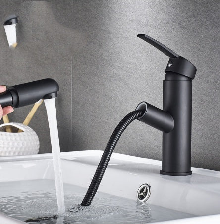 Robinet de salle de bain noir VidaXL Lanoraie, design moderne, visible avec poignée et sortie d'eau, pour installation dans la salle de bain.