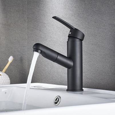 Robinet de salle de bain noir VidaXL Lanoraie, design moderne, visible avec poignée et tube d'écoulement dans l'image.