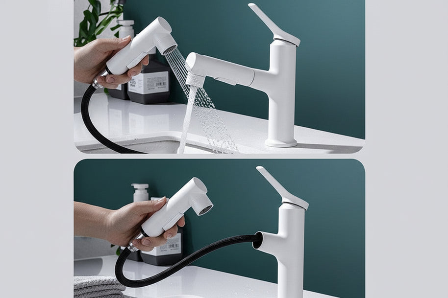 Robinet de salle de bain VidaXL Santafe gris avec poignée élégante, vue de face, installé pour usage domestique.