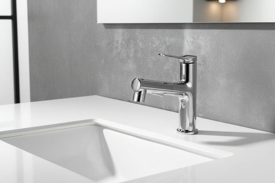 Robinet de salle de bain VidaXL Santafe gris, moderne et élégant, avec poignée et sortie d'eau visible.